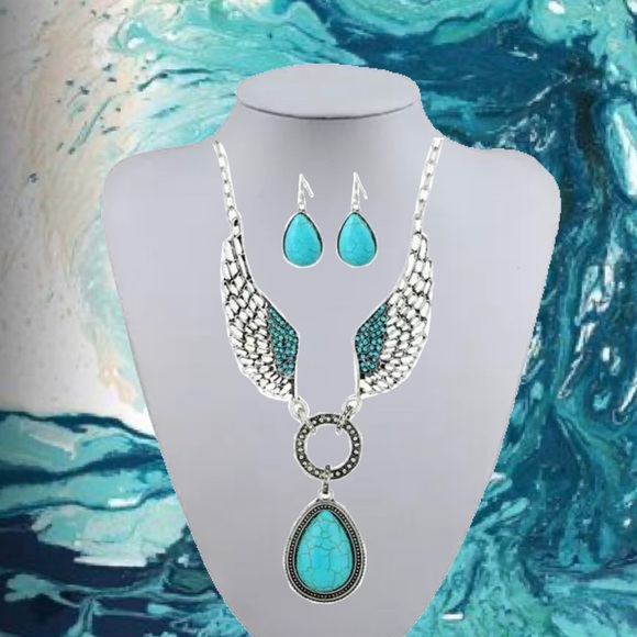 SET TURQUOISE DROPS NECKLACE & EARRINGS - Picture 3 of 5